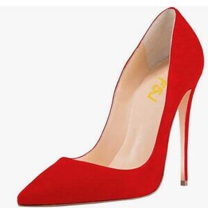 FSJ Red Suede Pointed Toe Pumps High Heel Sexy Slip On Office Dress Shoes